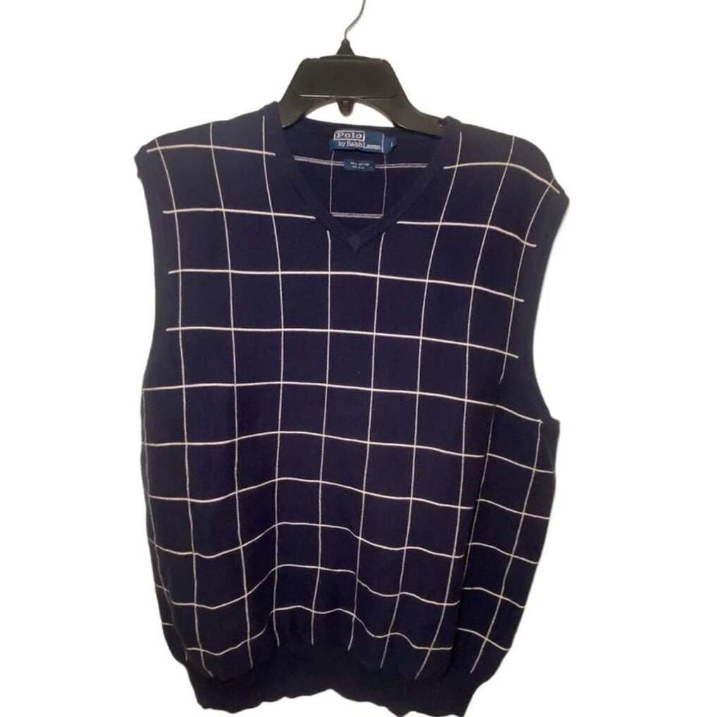 Polo Ralph Lauren Men L Sweater Vest Navy Blue Windowpane Plaid Knit V-Neck VTG